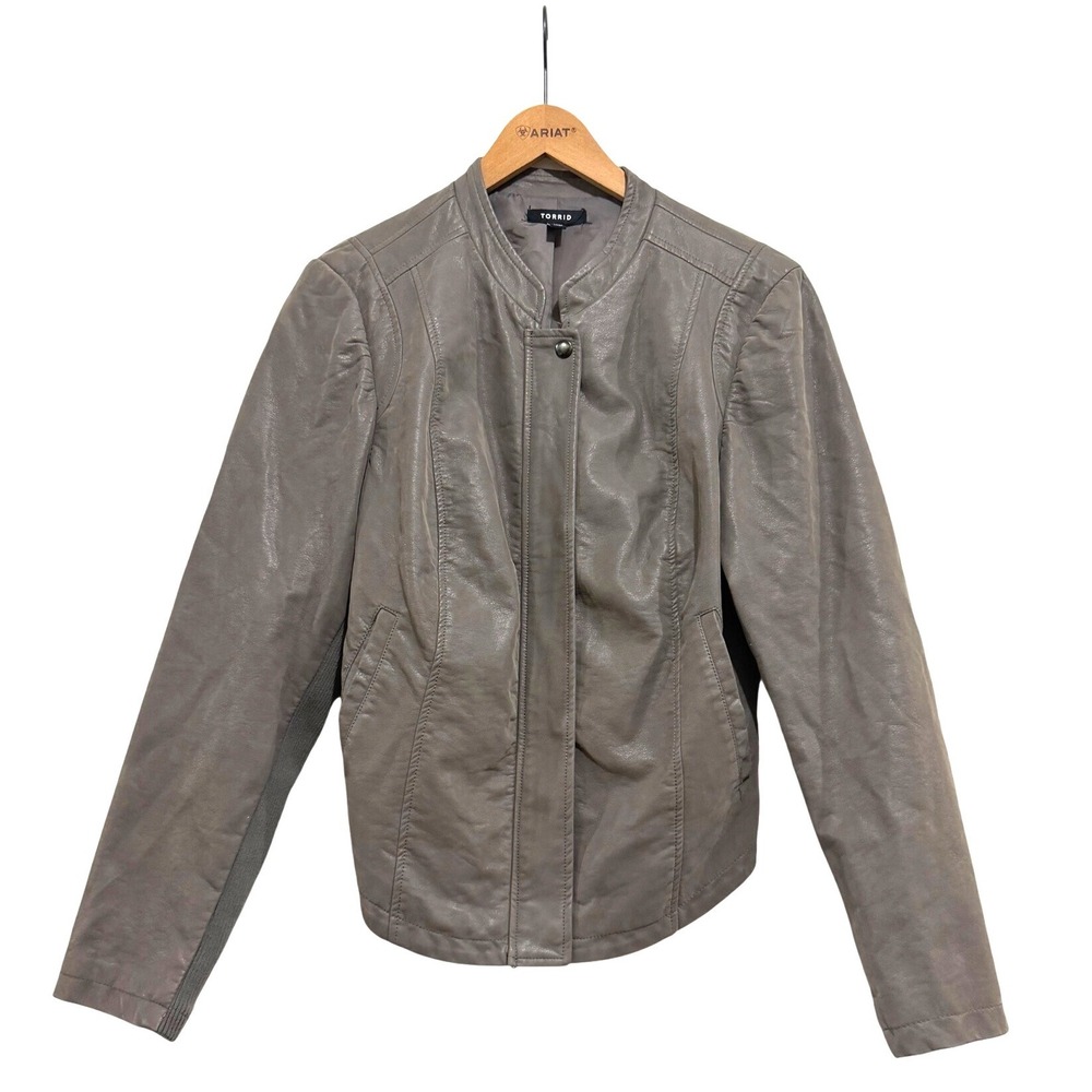TORRID Grey Faux Leather Moto Jacket Ribbed Panels Plus Size 1X Edgy Biker